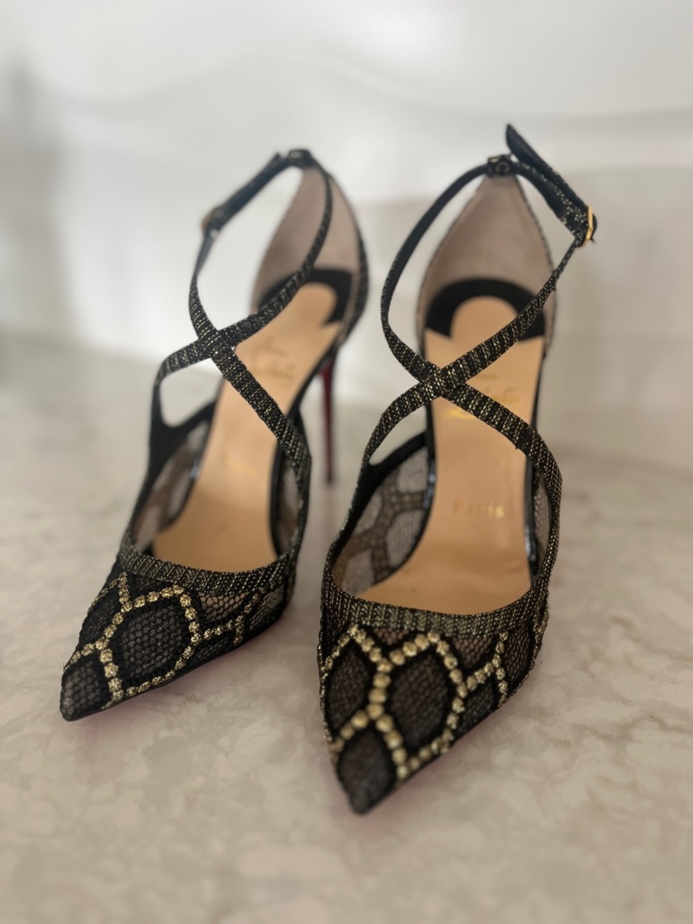 Christian Louboutin black and gold strappy high heels - Twistissima